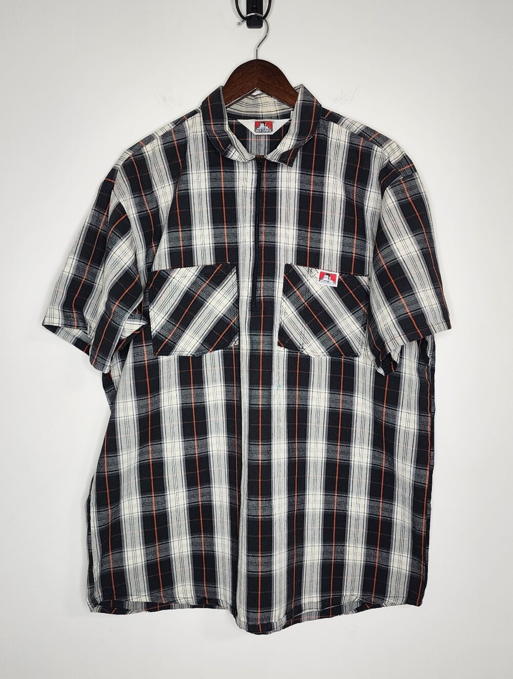 Ben Davis Men's Black, White, & Orange Plaid Quarter Zip Work Shirt XL Grunge